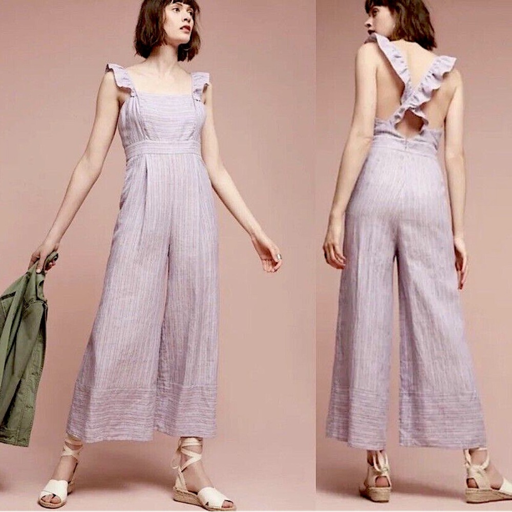 ANTHROPOLOGIE Elevenses Nantucket Wide Cropped Leg Linen Jumpsuit Lavender 6 EUC